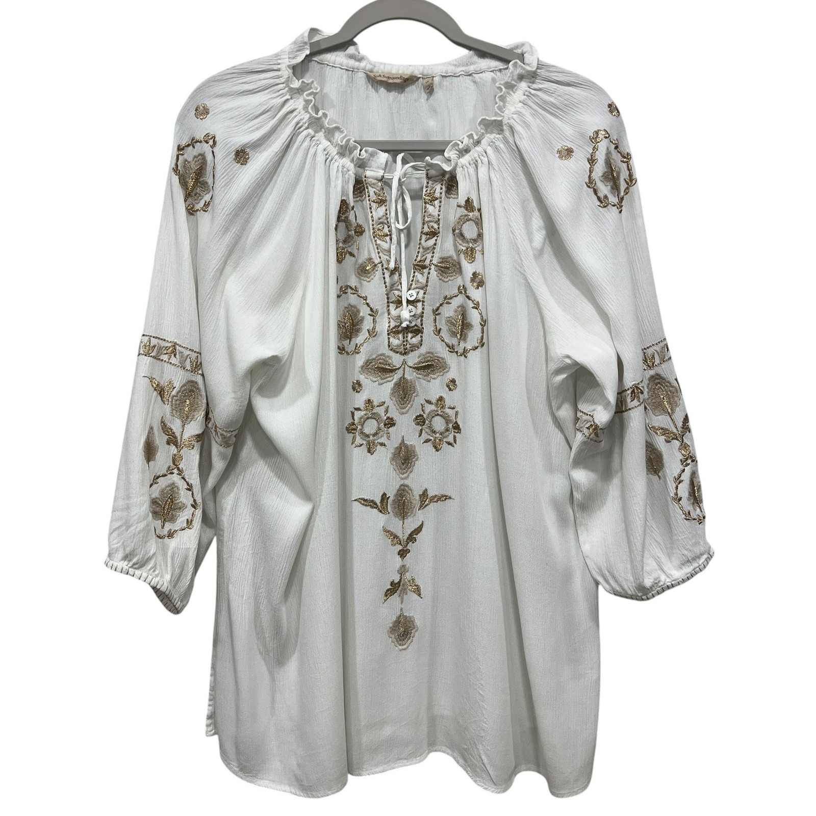 Soft Surroundings Blouse Top White Gold Embroidered Boho Peasant Size 1x Festive